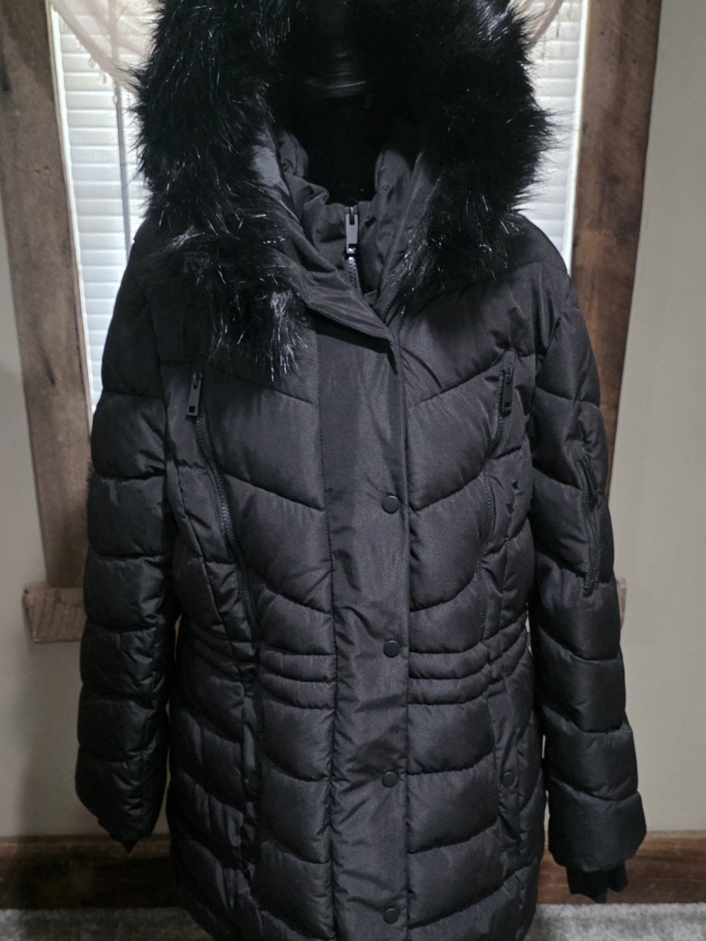 Xersion Black Hooded Faux Fur-Trim Puffer Coat